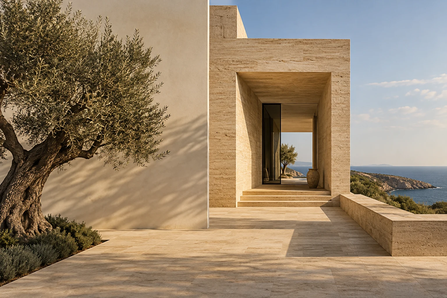 Concept imagery: a travertine house on the coast with an olive tree