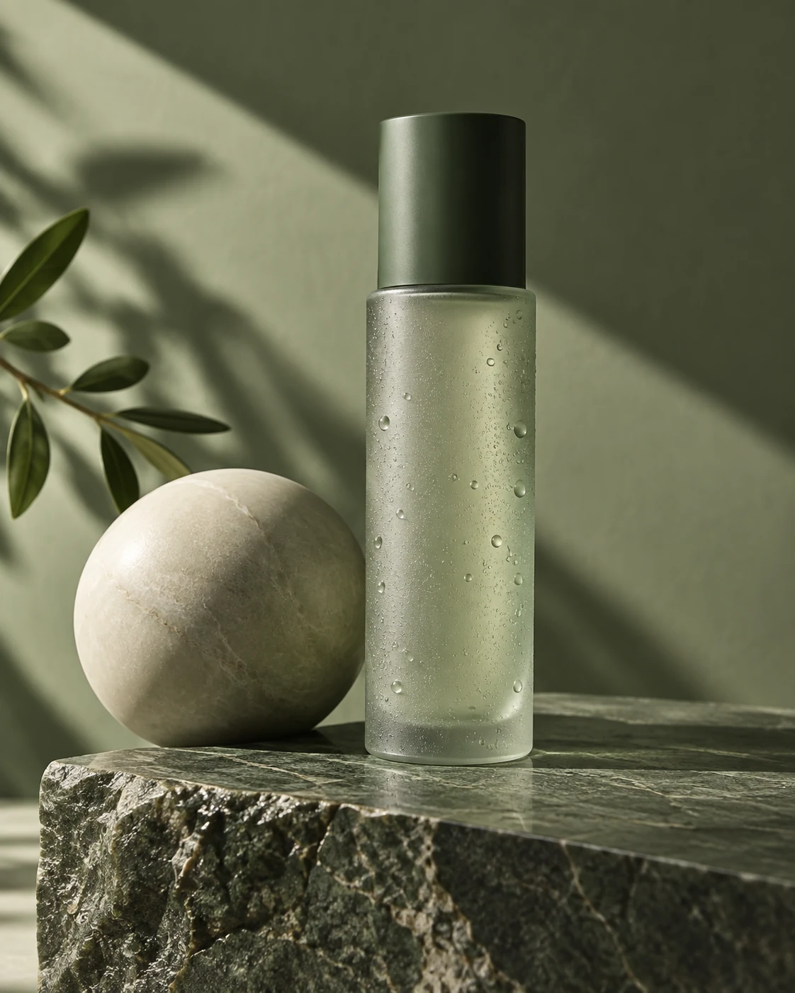 Concept imagery: a frosted sage serum bottle beside a stone sphere